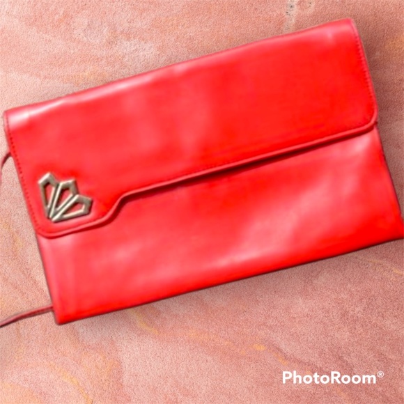 VTG 80s Red Convertible Shoulder Hand Bag Clutch Purse Built-in Compact Mirror - Picture 12 of 16